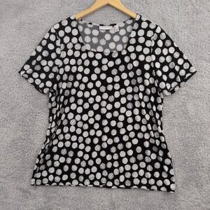 Susan Graver‎ Top Women's Large Black White Polka Dot Square Neck Short Sleeve